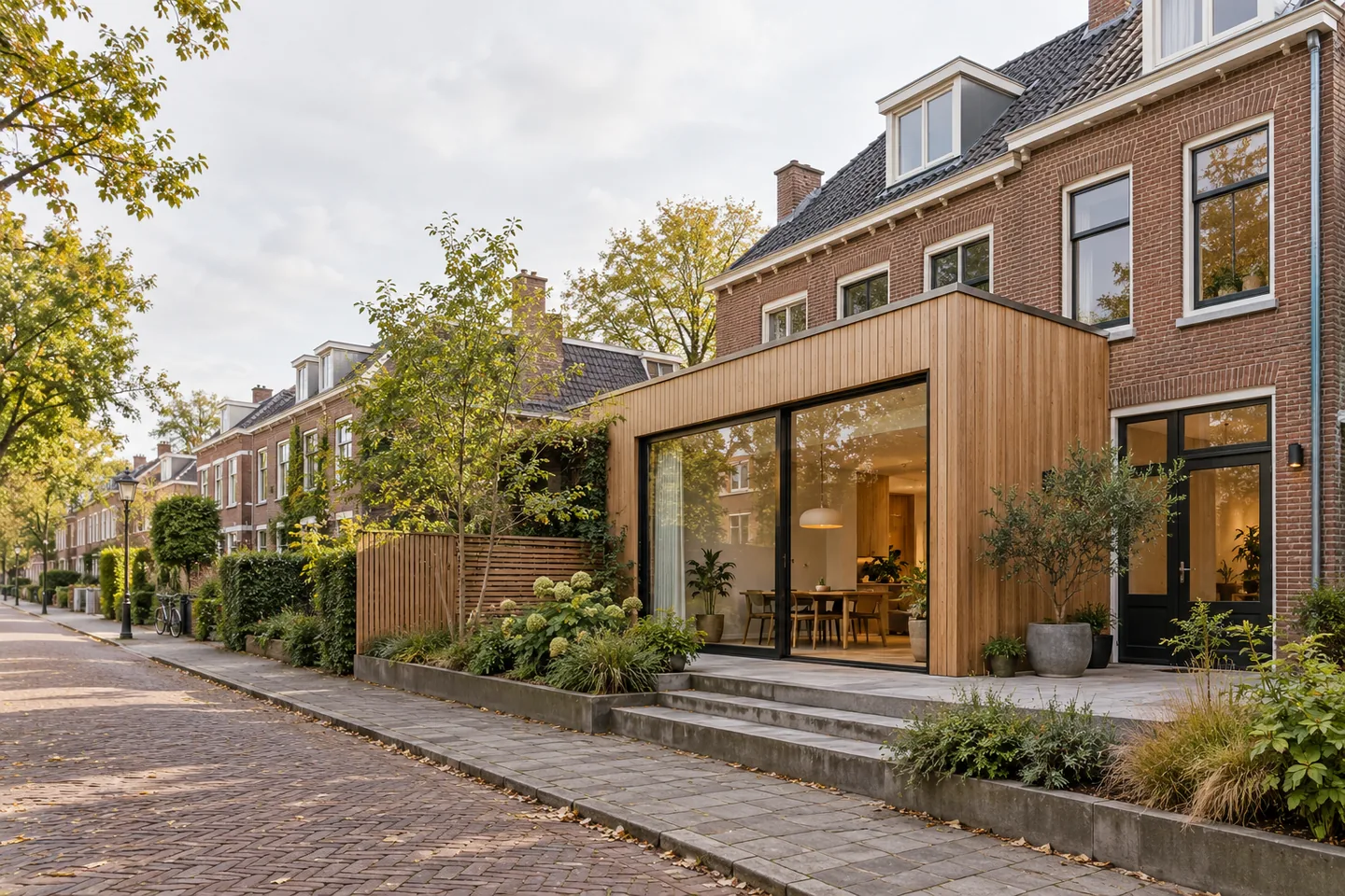 Conceptbeeld van een bakstenen woning met houten uitbouw